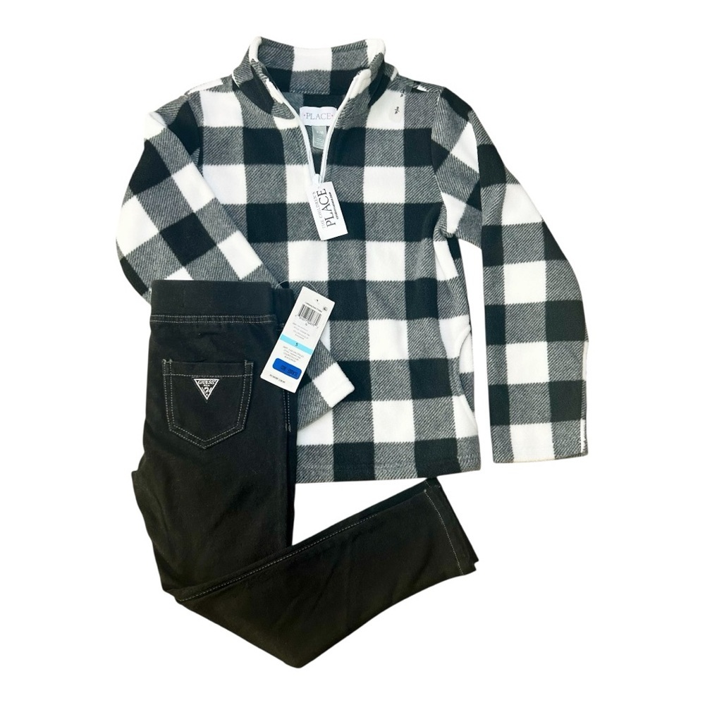 Girls (Kids) 5T Set, Both NWT, Plaid Quarter-Zip Pullover and Black Guess Pants